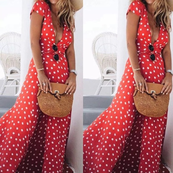 NWT Polka Dot Bohemian Summer Maxi Split Dress - Picture 3 of 11